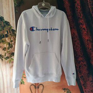 EUC: Champion Medium White Powerblend Script Logo Hoodie